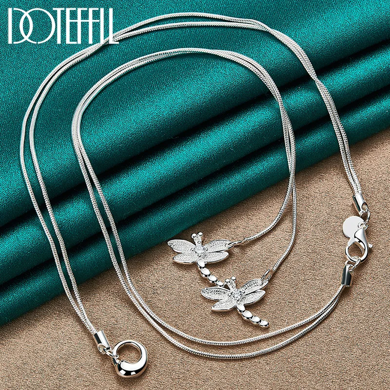 DOTEFFIL 925 Sterling Silver Two Dragonfly inlay AAA Zircon Pendant Necklace Snake Chain For Woman Jewelry