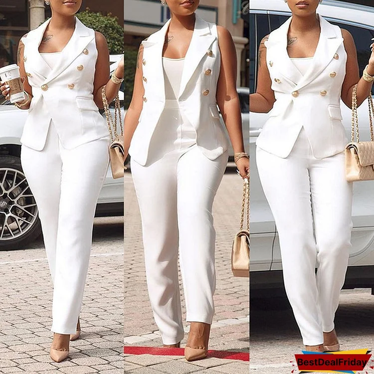 Women Summer Sleeveless Turn-Down Collar Blazers Long Pants Suit Two Piece Set Vintage Office Lady Tracksuit Outfit Overall
