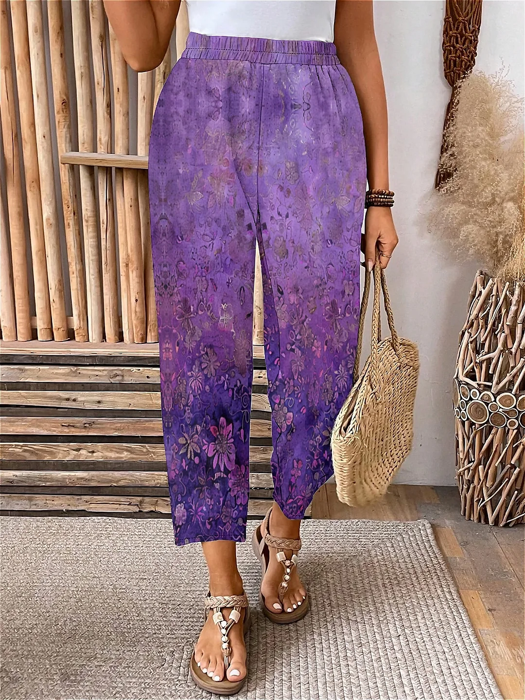 Plus Size Elastic Waist Purple,Floral,Bohemian Printed Pants