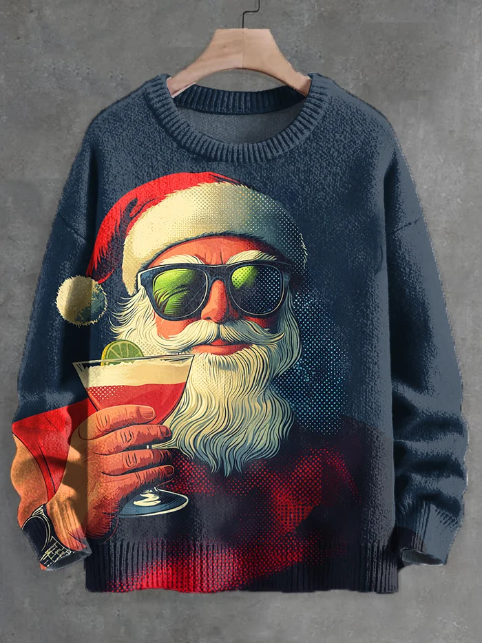 Men's Retro Cheers Santa Nostalgia Art Print Knit Sweatshirt