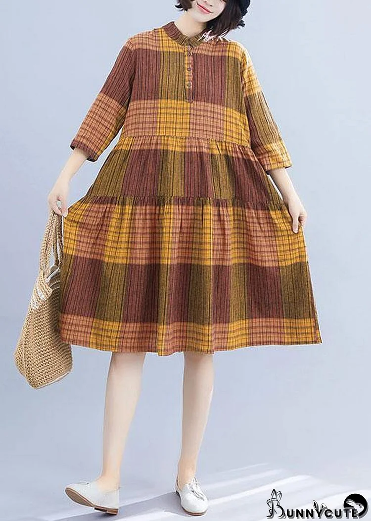 Natural yellow plaid linen clothes For Women stand collar Maxi summer Dresses