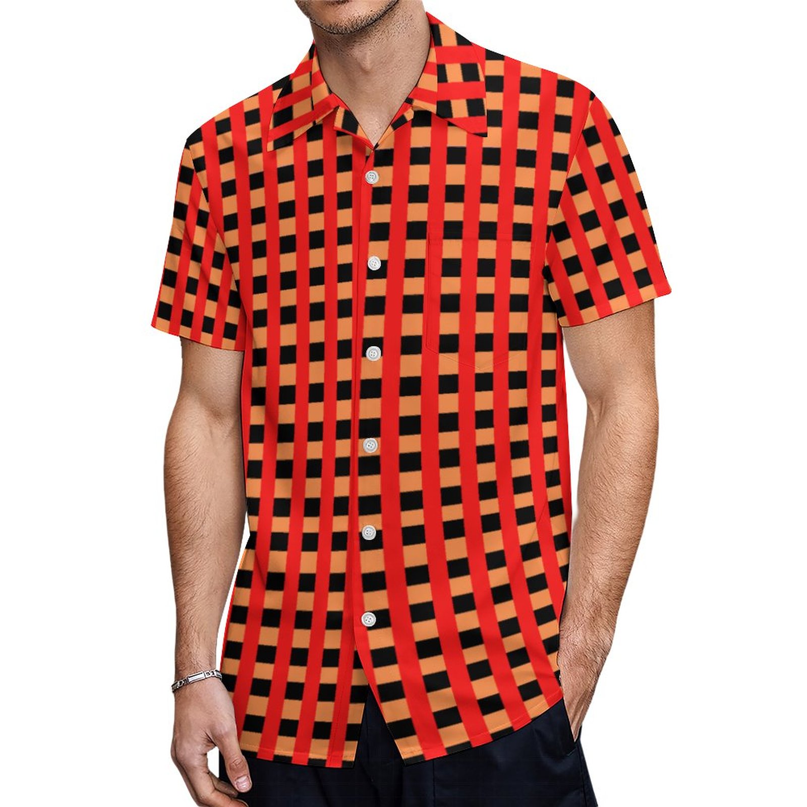 Cool Gingham Orange Red And Black Hawaiian Shirt Mens Button Down Plus Size Tropical Hawaii Beach Shirts