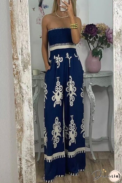 Meridress Off Shoulder Smocked High Waist Wide Leg Printed Jumpsuit