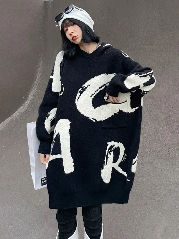 Stylish Selection Roomy Hooded Letter Print Mini Dresses Sweater Dresses