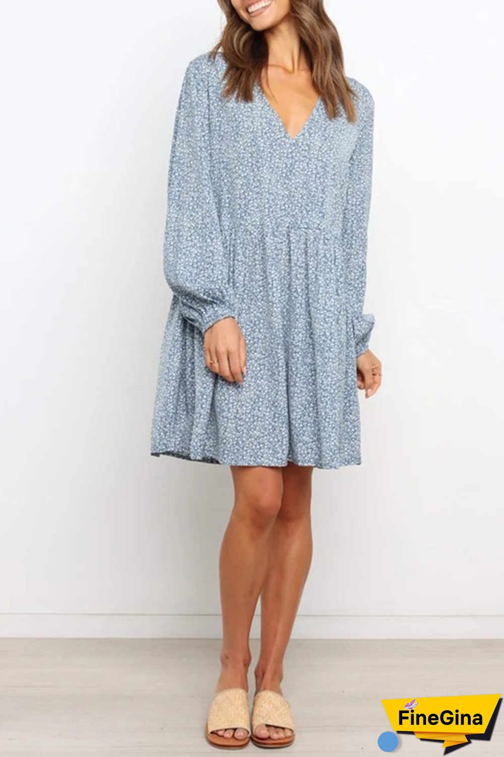 Fashion Elegant Print Split Joint V Neck A Line Dresses