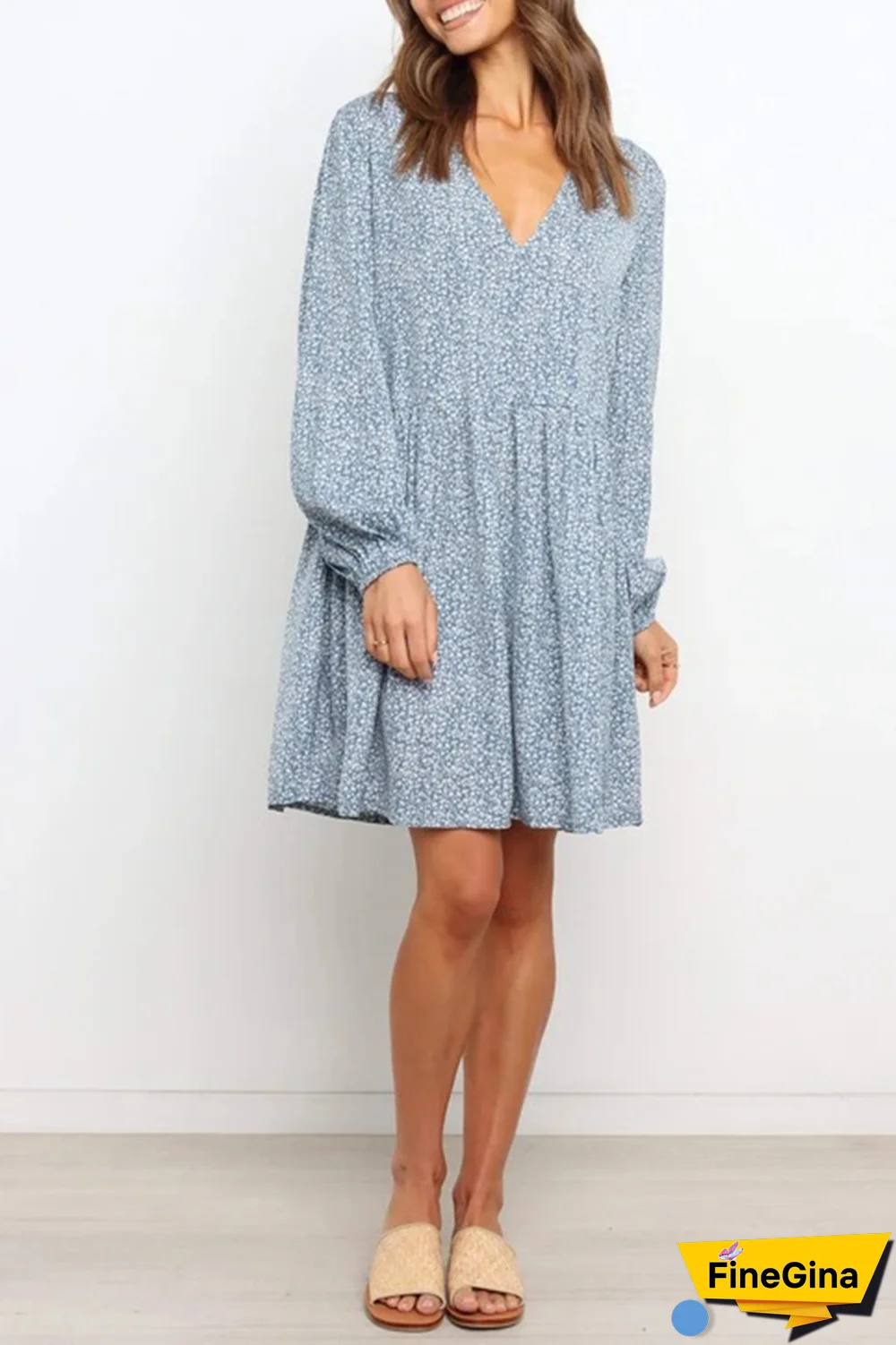 Fashion Elegant Print Split Joint V Neck A Line Dresses