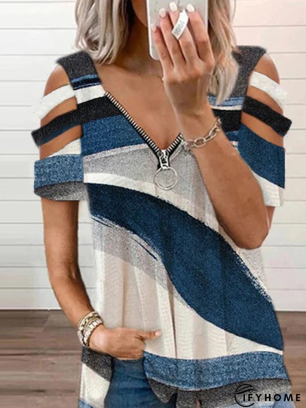 Abstract Zipper V Neck Loose Casual Top | IFYHOME