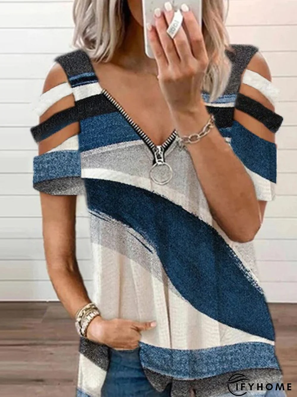 Abstract Zipper V Neck Loose Casual Top | IFYHOME