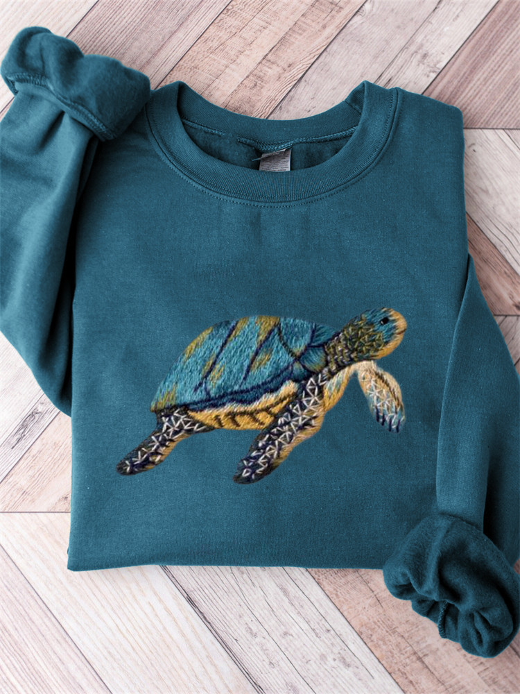 Lovely Sea Turtle Embroidery Art Comfy Sweatshirt wearshes