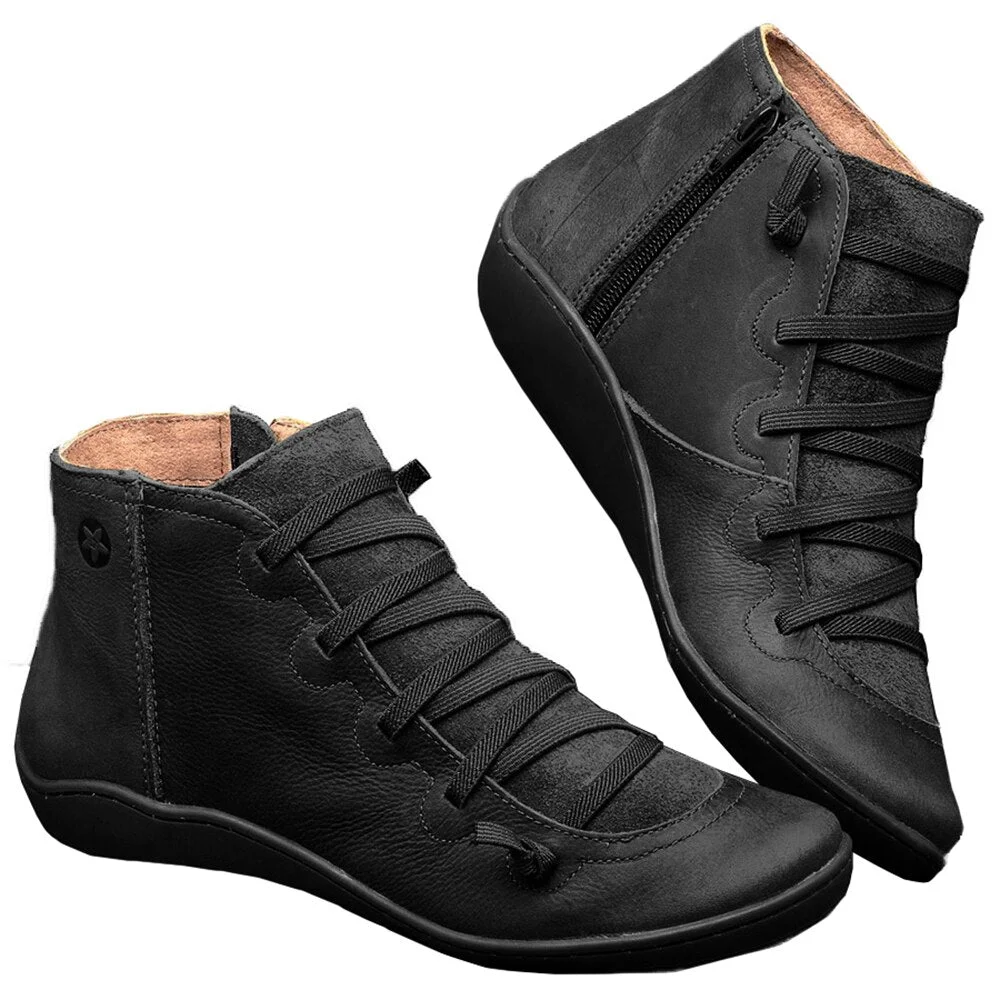 Women Arch Support Ankle Boots Casual Cross Strappy Side Zipper Winter Short Leather Boots Vintage Punk Flat Shoes Lady 2019 New