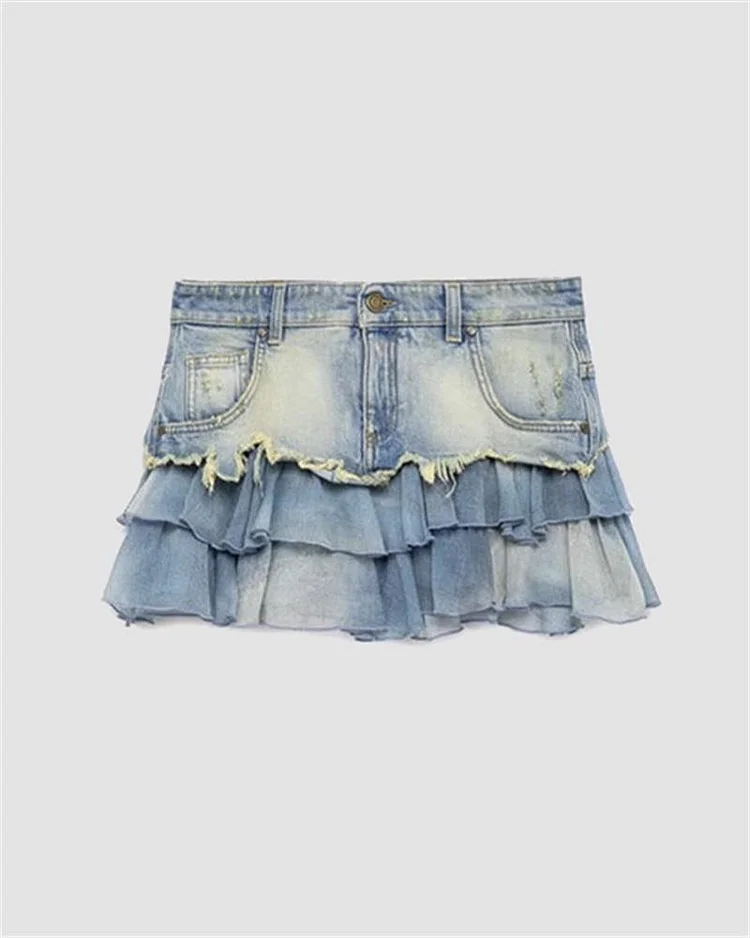 Blumar Denim Spliced Mesh Washed And Distressed Short Skirt