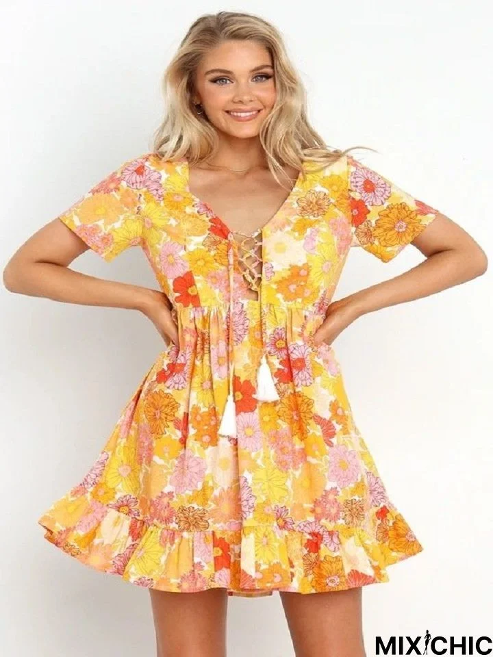 Printed Strap Ruffled Dress