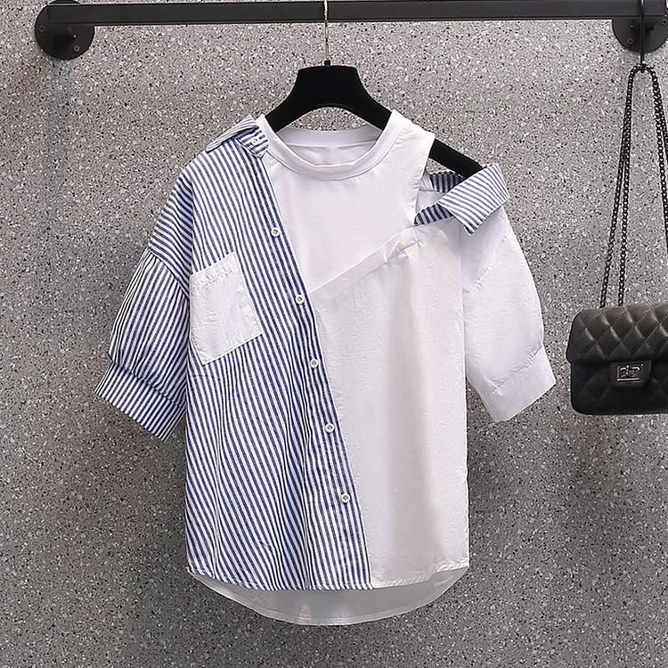 Irregular Stripe T-Shirt Plaid Stitching Pleated Denim Skirt Set - Modakawa modakawa
