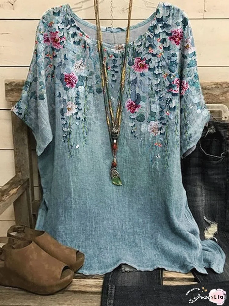 Loose Floral Print Ruffled Crinkled Blouse