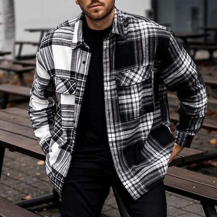 Utbros Black And White Stitching Check Shirt Jacket