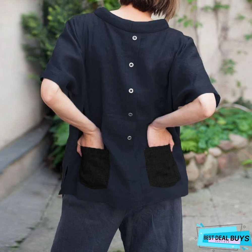 Oversized Vintage Cotton Tops Women Blouses Short Sleeve Buttons Casual Shirts Pockets Loose Tops