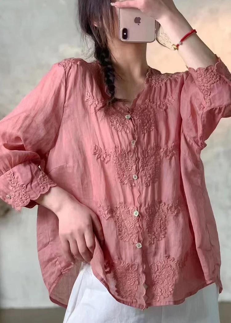 New Pink V Neck Embroidered Button Linen Shirt Spring