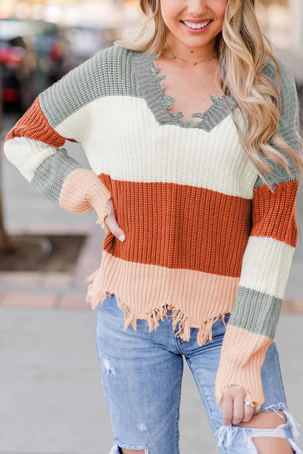 Orange Colorblock Distressed Sweater | IFYHOME