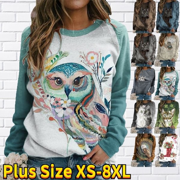 Autuan Winter Fashion Women Clothing Feather Animal Printed Casual Sweatshirt Long Sleeve Tops T-shirt Blouse Ladies Round Neck Pullover Sweater Plus Size XS-8XL - Shop Trendy Women's Fashion | TeeYours
