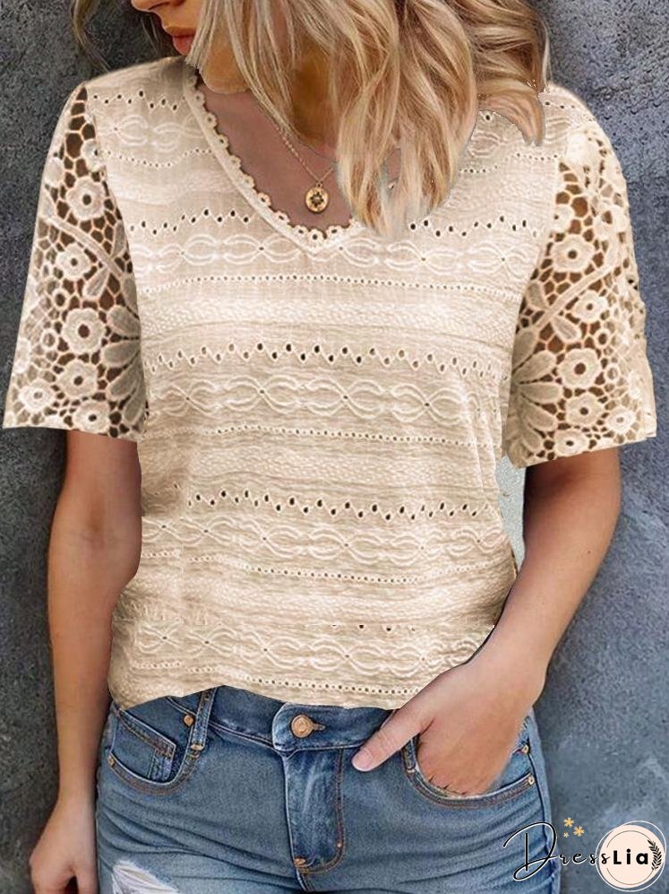 V-neck Lace Patchwork Hollow out Blouse