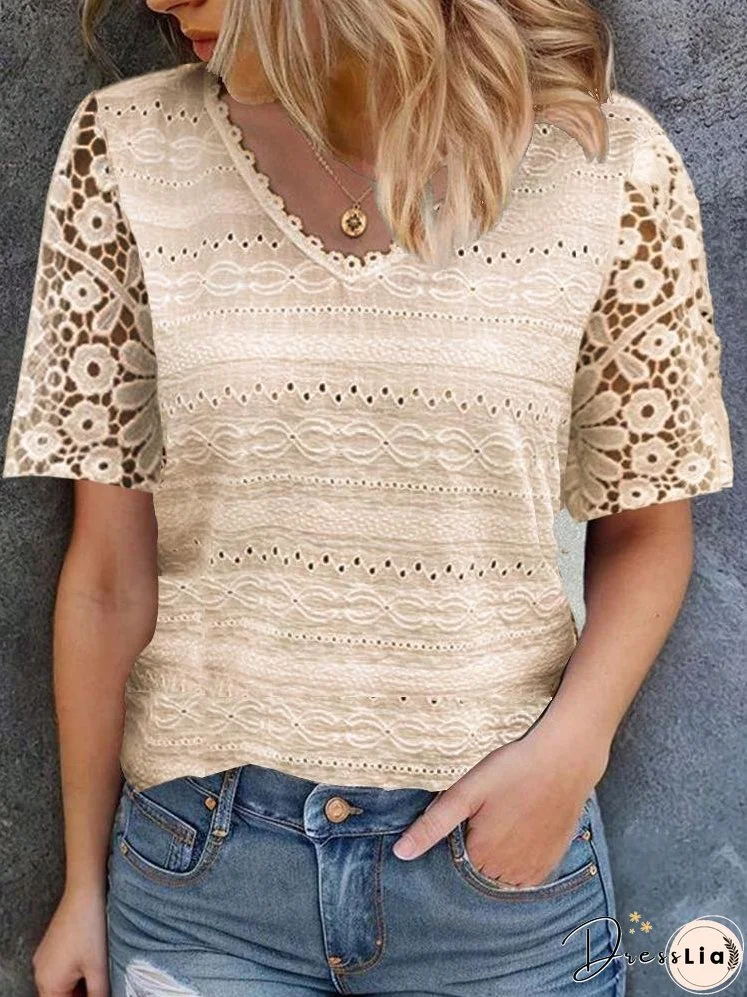 V-neck Lace Patchwork Hollow out Blouse