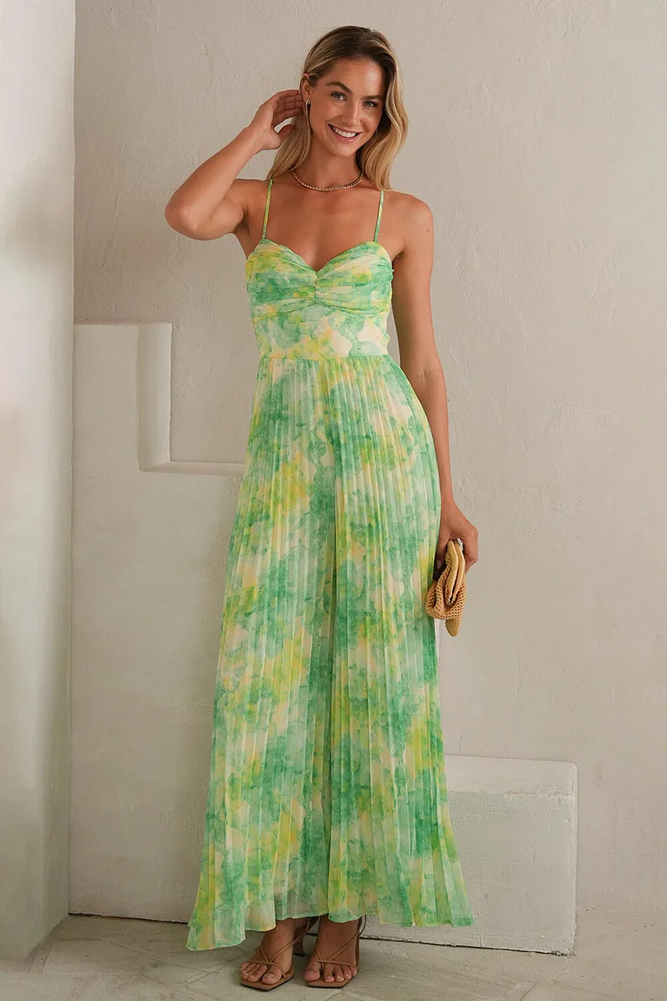 Pleated Wide Leg Floral Print Cami Jumpsuit-Green [Pre Order]