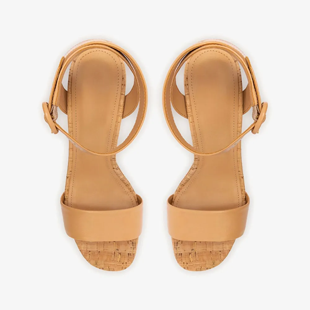 Tan Cross Ankle Strap Platform Women's Heel Sandals with Buckle