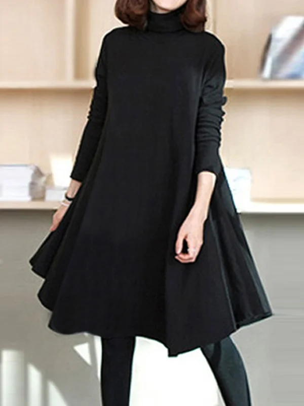 Solid Color Loose Long Sleeves High Neck Midi Dresses