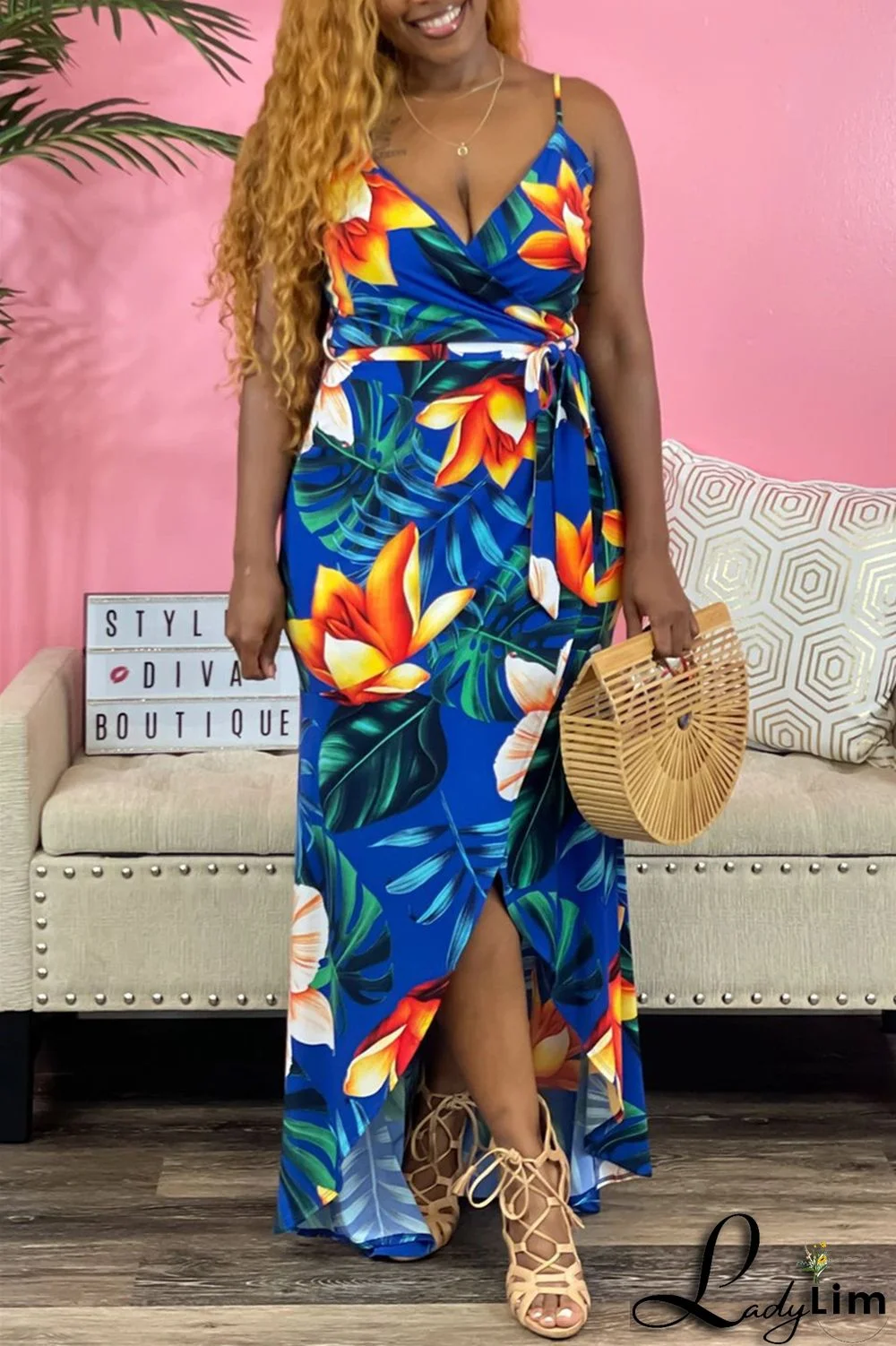 Green Sexy Casual Print Bandage Backless V Neck Sling Dress