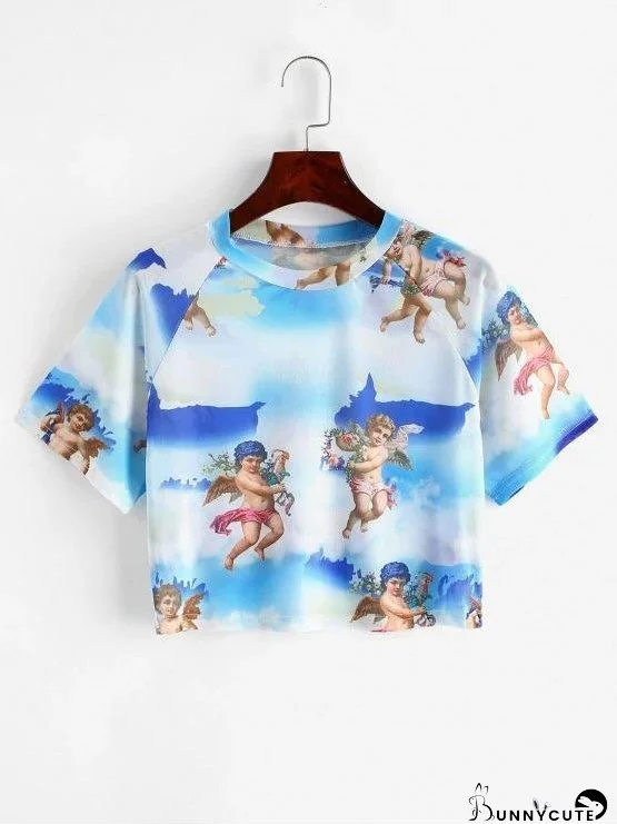 Angel Print Mesh Crop Top for Women