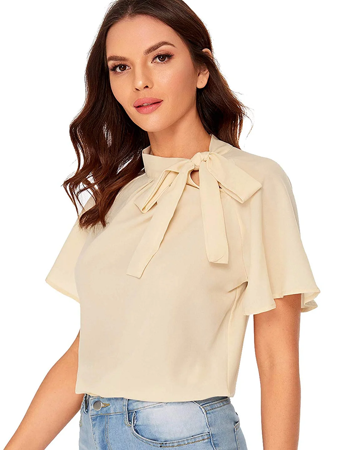 Women's Casual Side Bow Tie Neck Short Sleeve Blouse Shirt Top