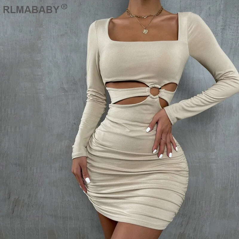 Fashion Elegant Women Autumn Winter Mini Bodycon Dress Slim Square Collar Long Sleeve Hollow Out Sexy Package Hip Folds Dress