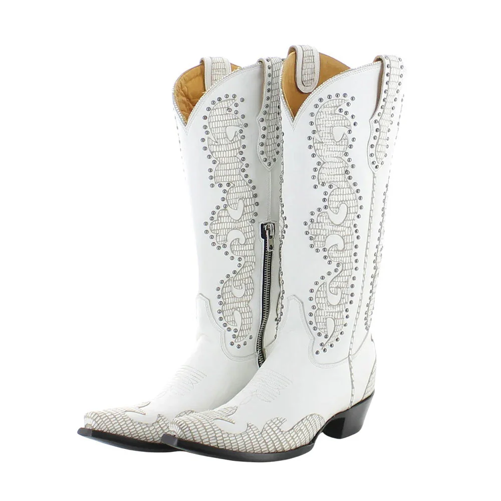 Patchwork Studded Embroidered Snip Toe Knee High White Cowgirl Boots
