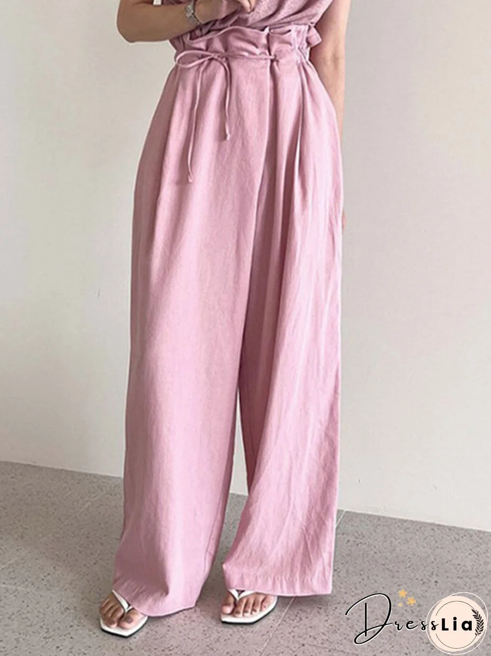 Ruffle Waist Solid Pocket Casual Loose Wide Leg Pants