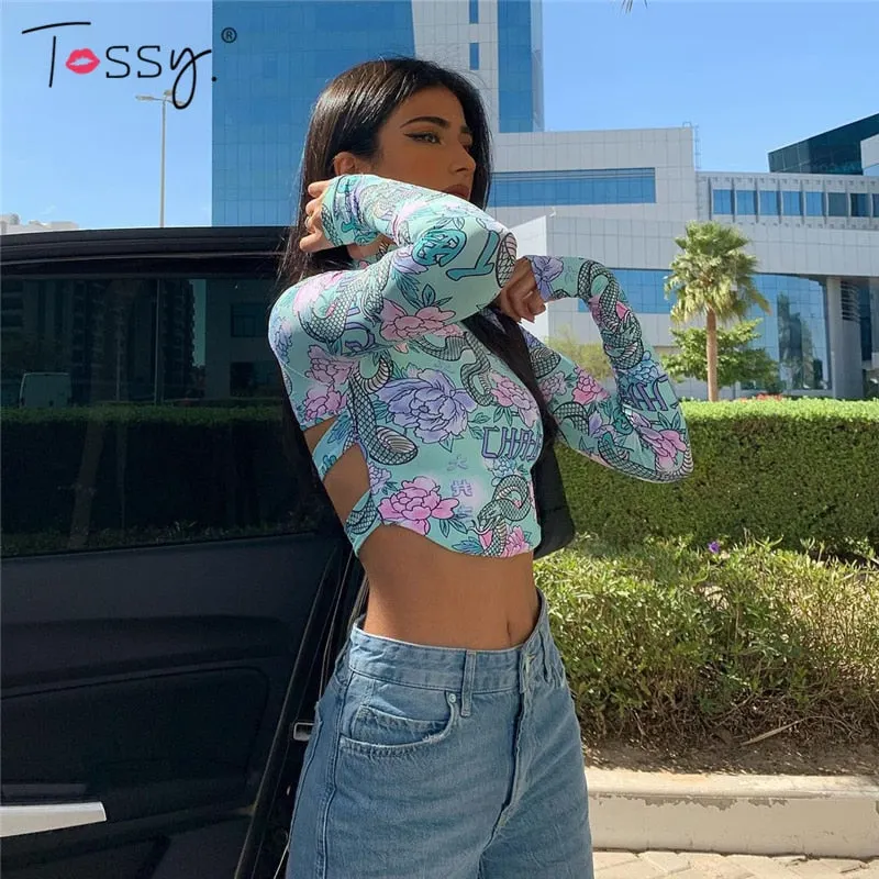 Tossy Skinny Backless Floral Crop Top Women Fashion Printed Short Tee Vintage High Streetwear Bodycon Turtleneck Tshirts Summer