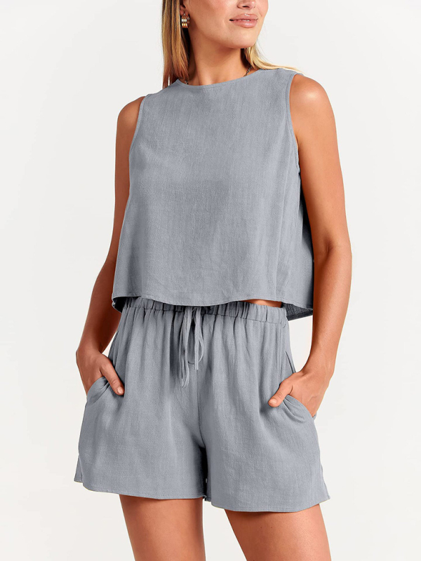 Mature Women Solid Color Sleeveless Loose Suit Cotton Linen Top Shorts Two Piece Set