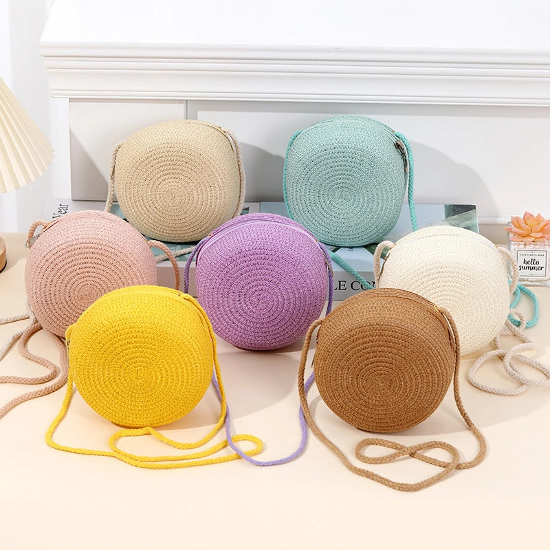 Girl’S Straw Solid Color Cute Round Zipper Shoulder Bag
