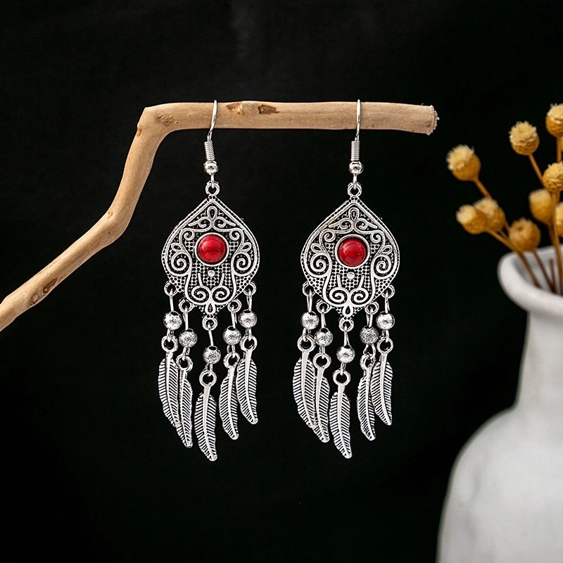 Bohemian Blue Turquoise National Style Earrings Imitation Miao Silver Metal Earrings Vintage Tassel Earrings