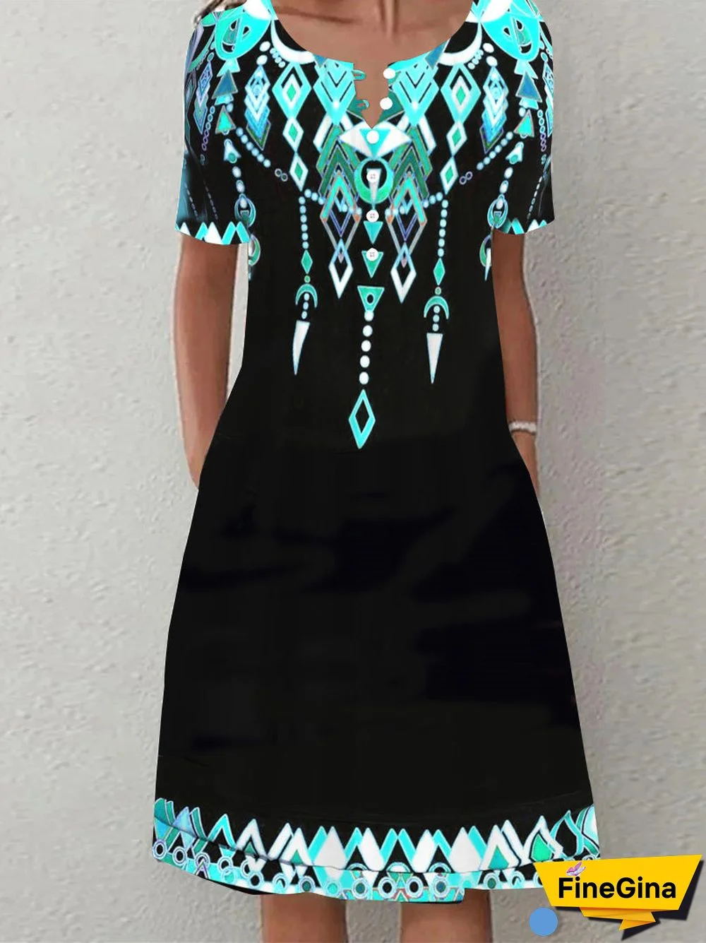 Women Short Sleeve V-Neck Floral Printed Pocket Midi Dress With Button