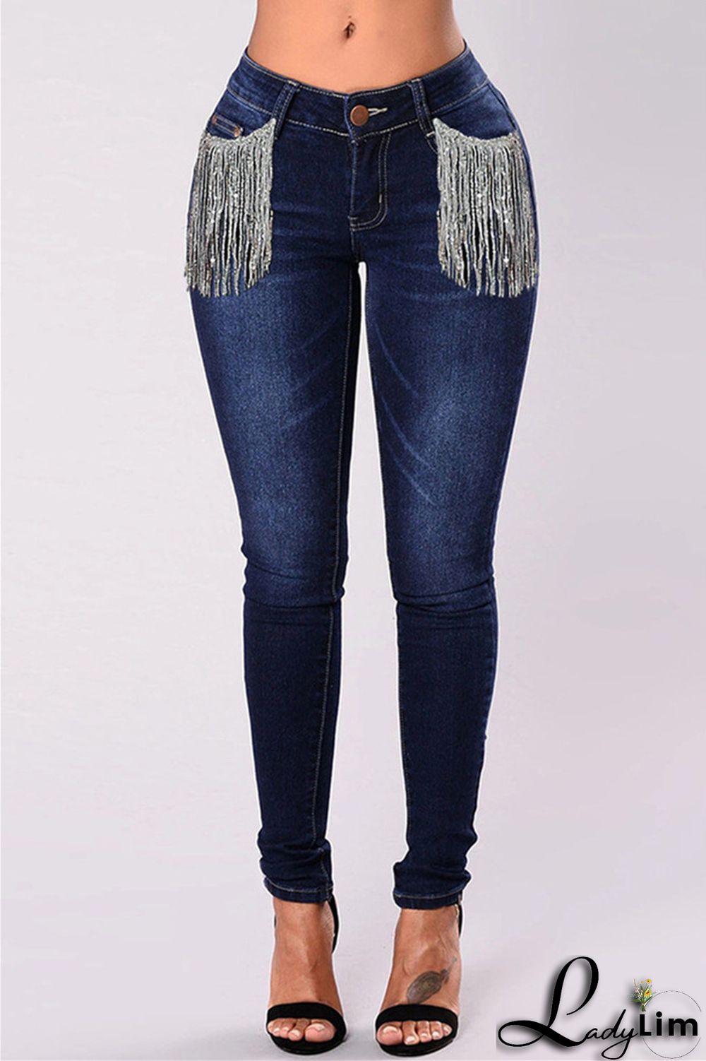 Light Blue Fashion Casual Solid Tassel Patchwork Mid Waist Skinny Denim Jeans