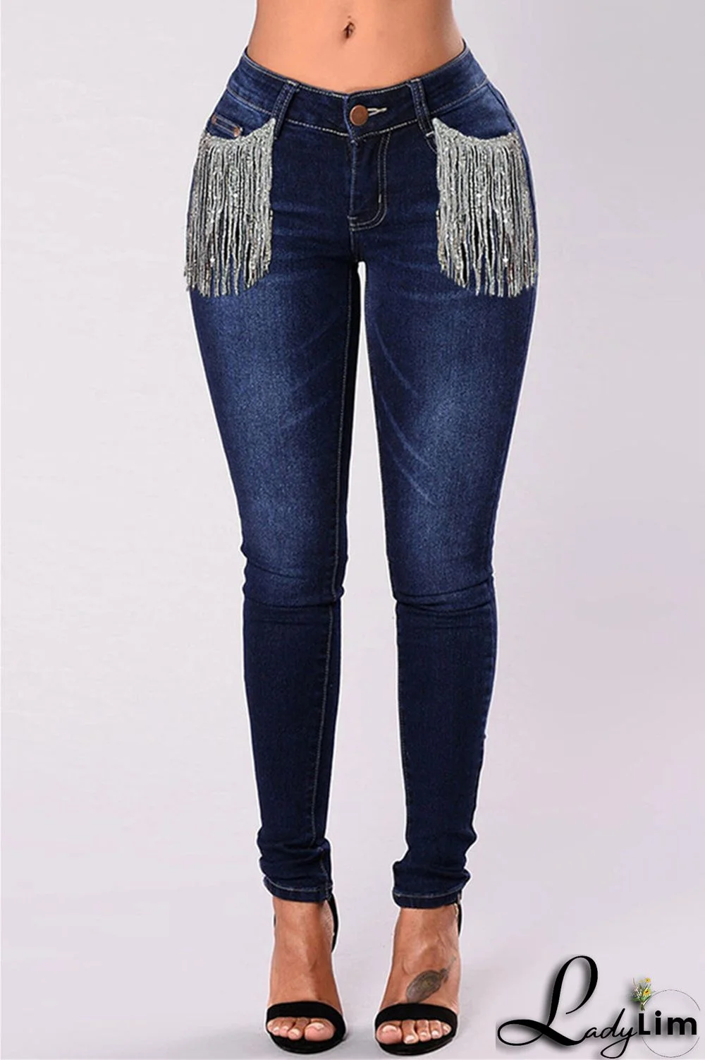 Light Blue Fashion Casual Solid Tassel Patchwork Mid Waist Skinny Denim Jeans