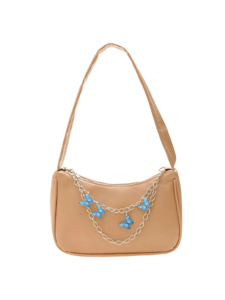 Retro Women Butterfly Chain Underarm Bag Casual PU Small Handbags (Khaki)