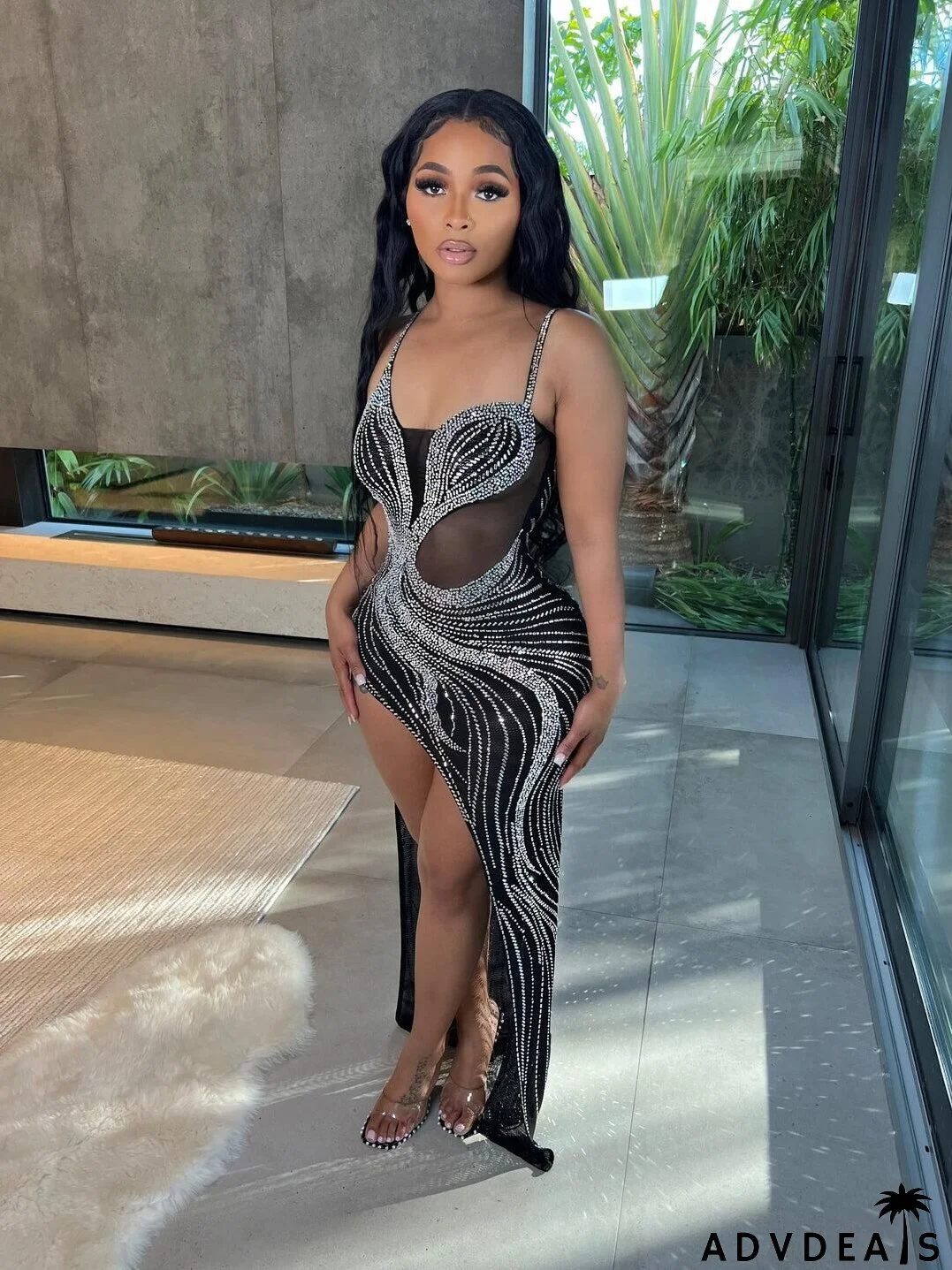 Sexy Rhinestone beaded slit Straps Party Dress