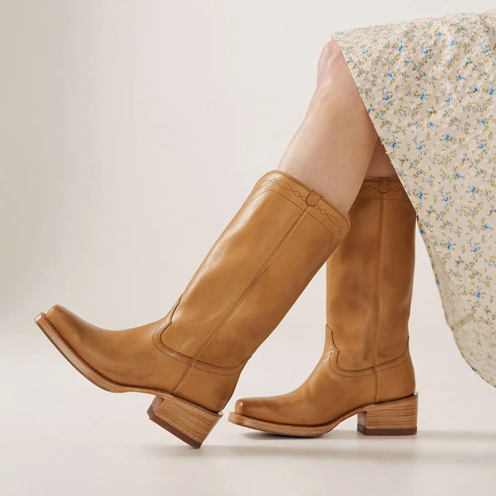 Fashion Tan Square Toe Stitching Mid Calf Women's Western Boots