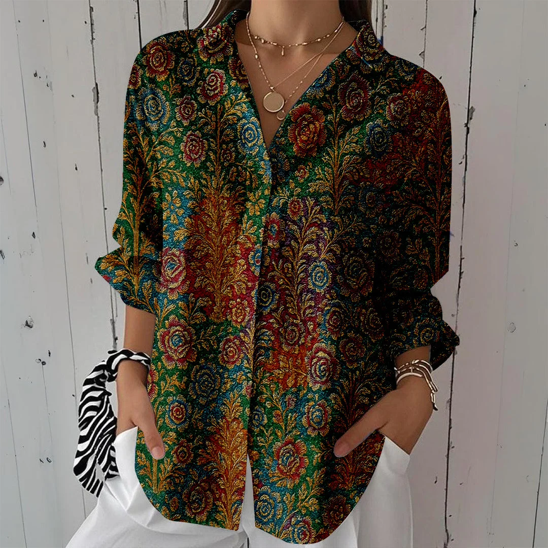 Style & Comfort for Mature Women Women Textured,  Blue,  Orange DZCL0413 3/4 Sleeve Shirt Collar Printed Button Tops