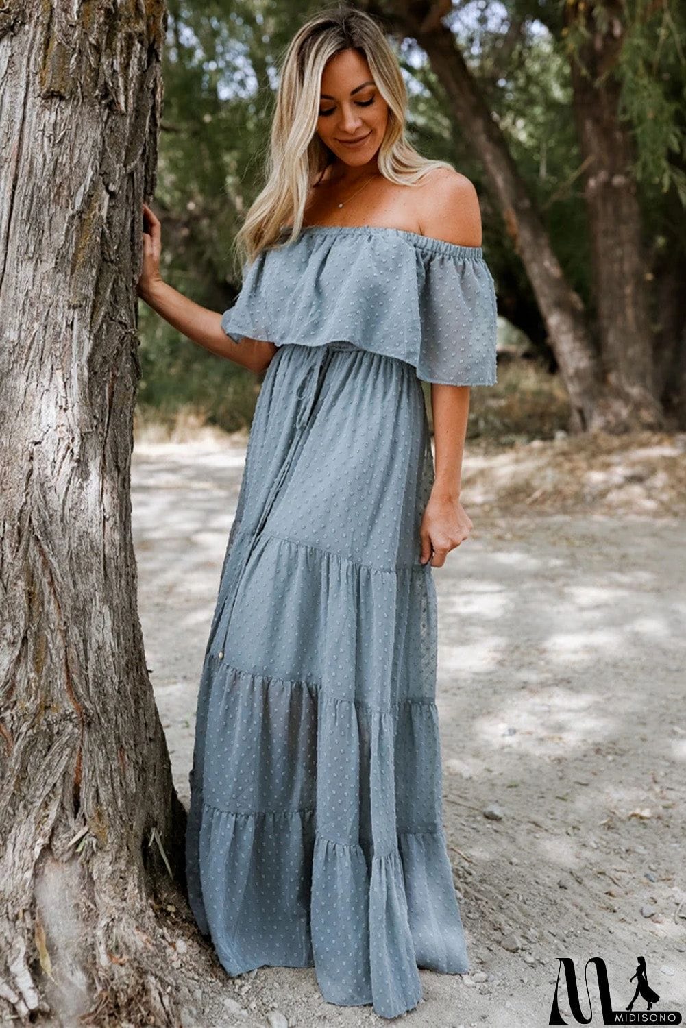 MidiSono - Rust Red Off Shoulder Ruffle Swiss Dot Maxi Dress