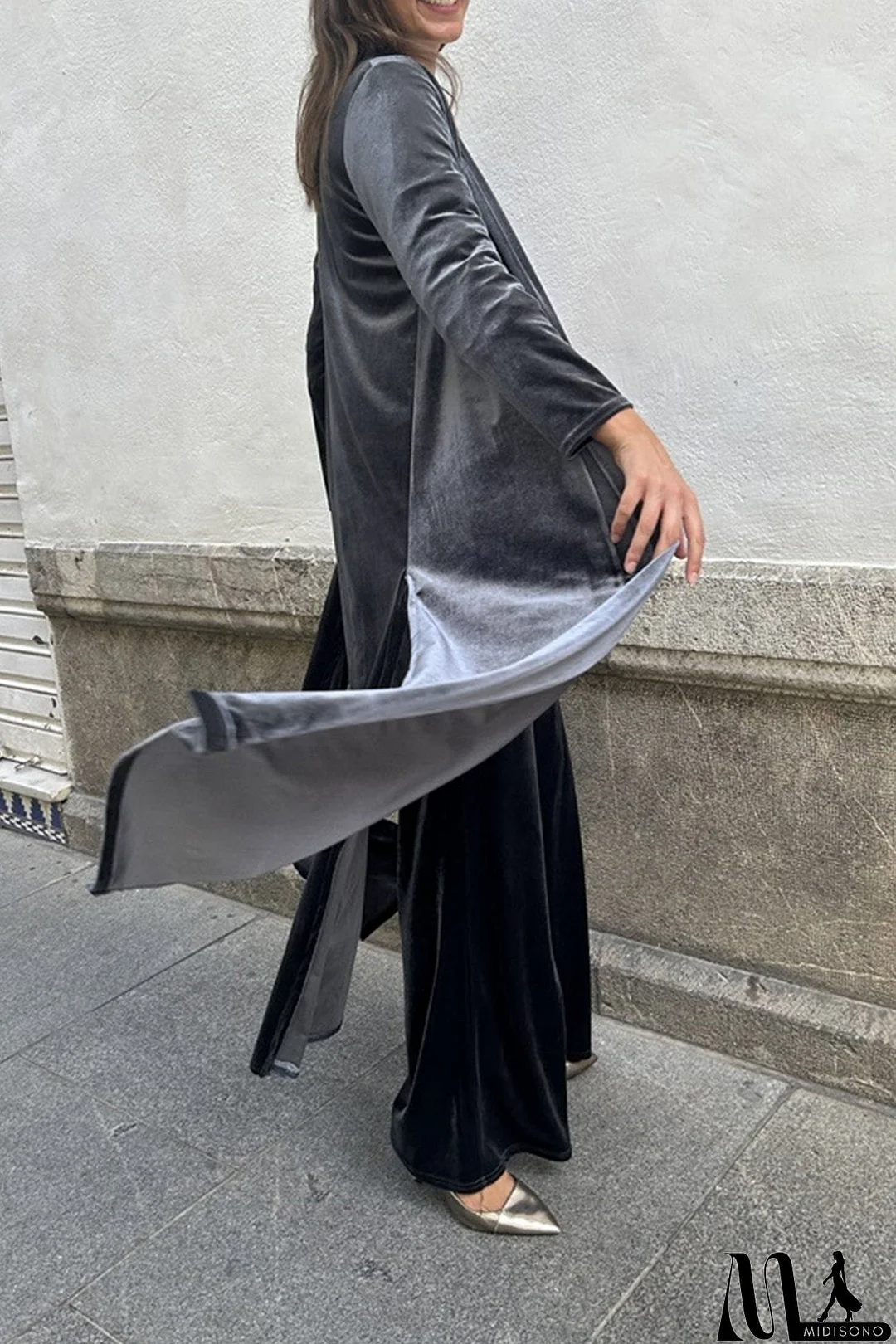 MidiSono - Velvet Slit Long Cardigan Two-piece Pants Suits