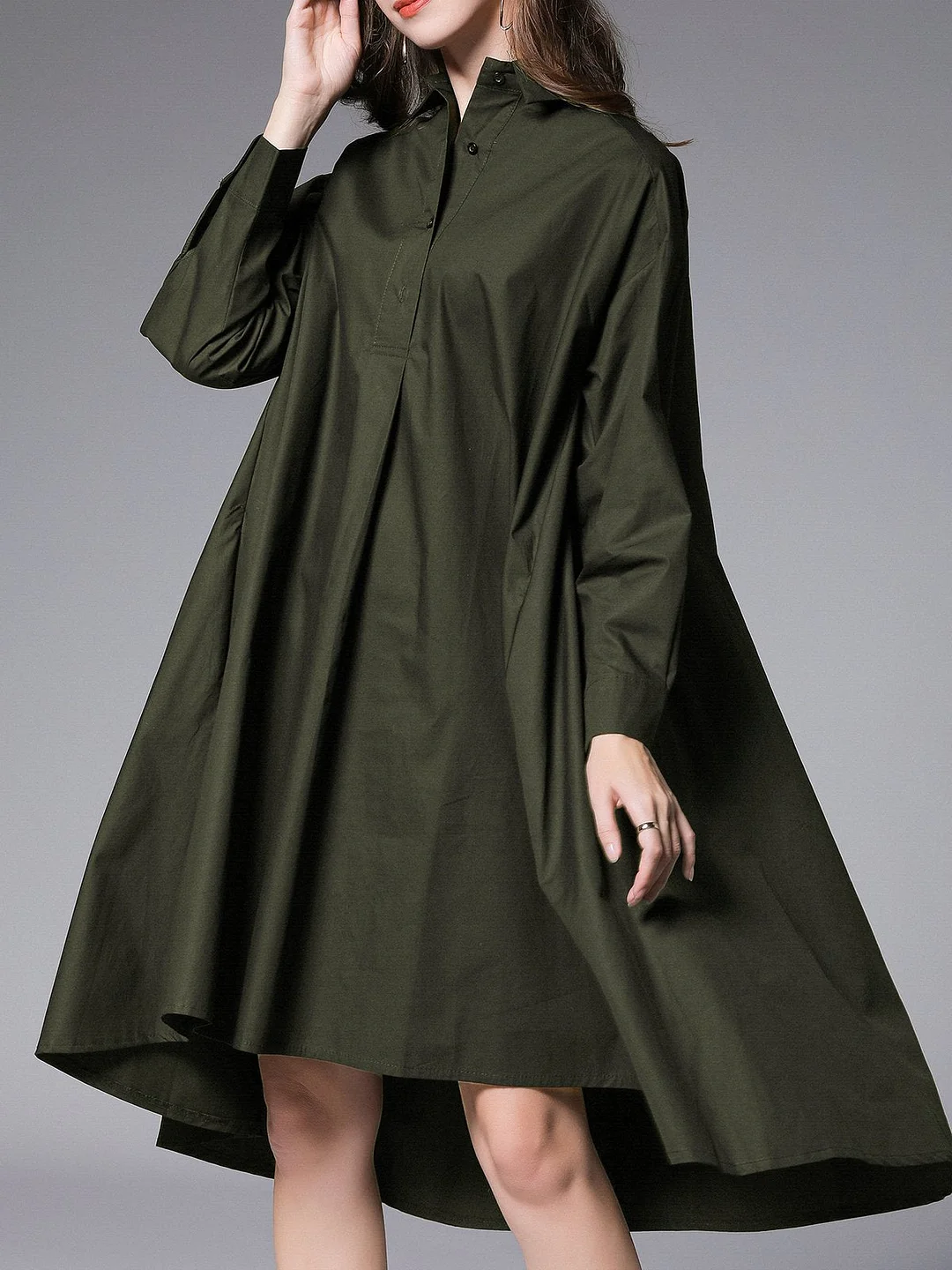 Pockets Shirt Collar Casual Midi Dress