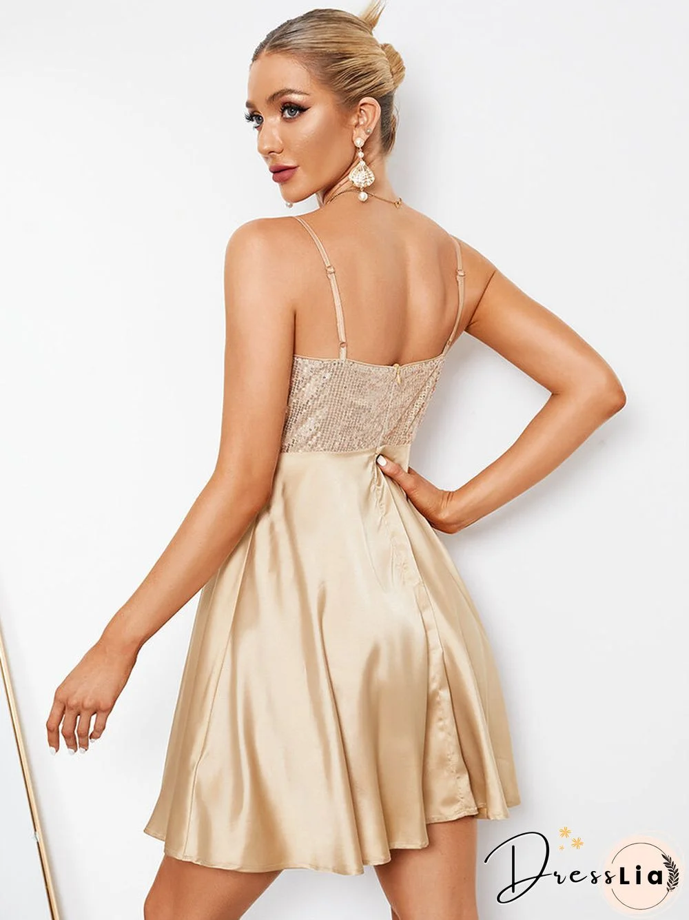 Sequins Satin Stitch Adjustable Strap Backless Sexy Dress