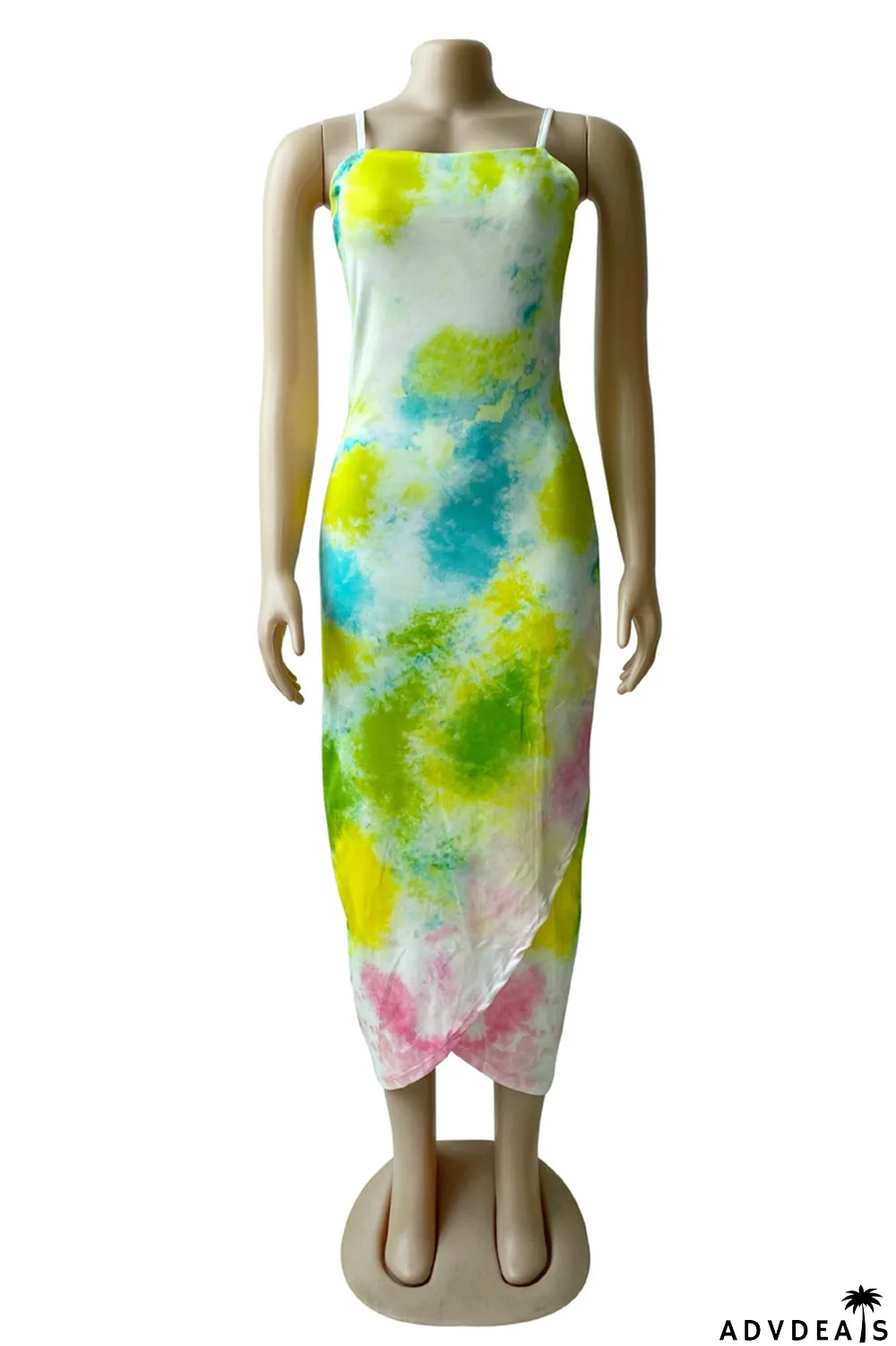 Multicolor Fashion Sexy Print Tie Dye Backless Spaghetti Strap Irregular Dress